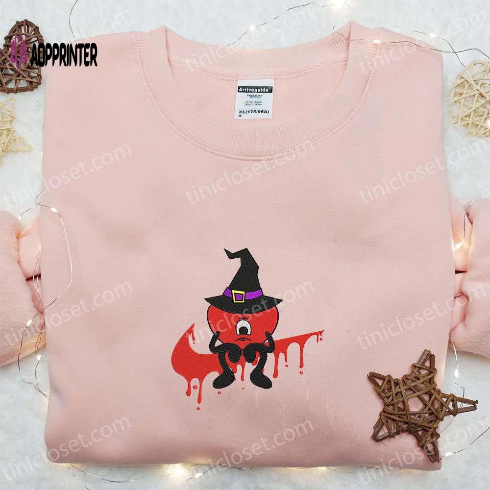 Swoosh sad heart witch bad bunny embroidered t-shirt: best halloween gift ideas for family Embroidered Shirt
