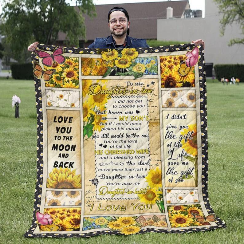 To my daughter in law blanket - his cherished wife and a blessing quilt blanket - sunflower theme gift for daughter Quilt Blanket