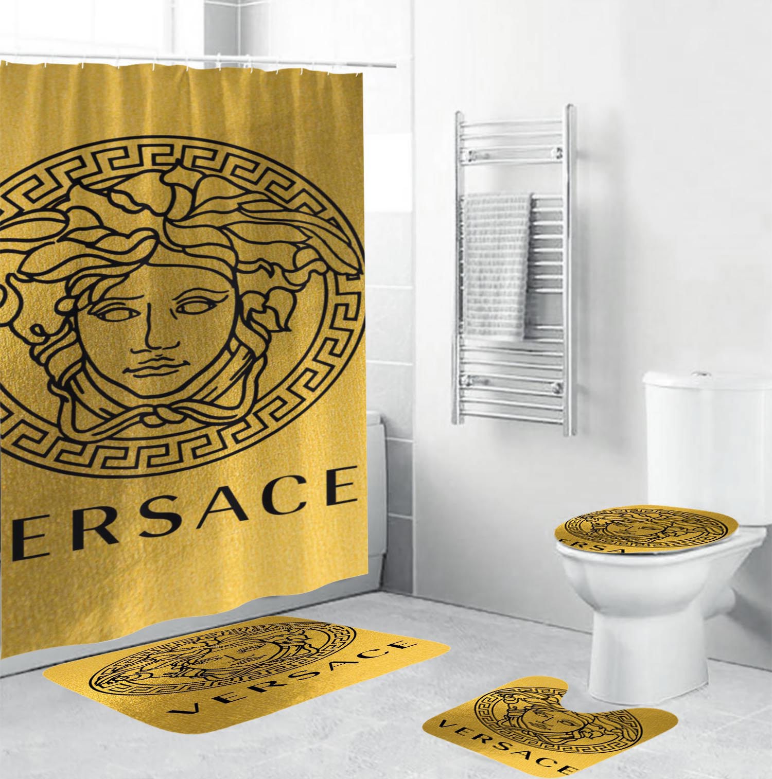 Versace big blackin golden background home decor bathroom sets bath mat hypebeast luxury fashion brand Bathroom Set