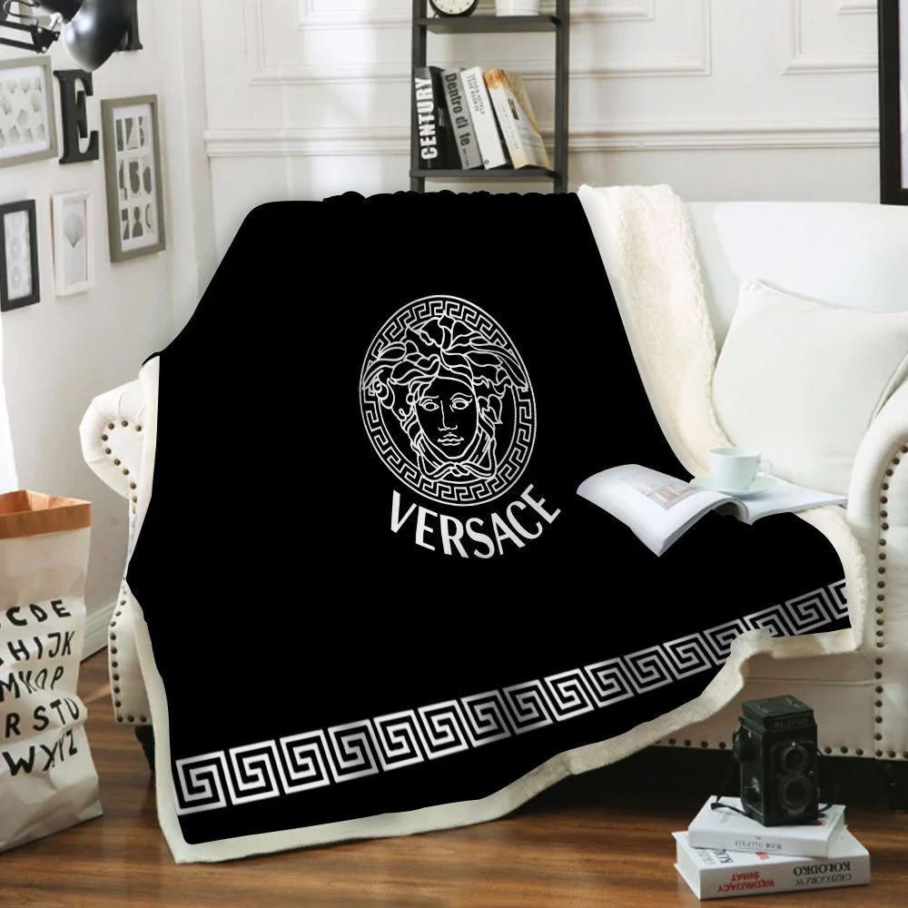 Versace black fashion logo luxury brand premium blanket fleece home decor 102 Blanket Fleece