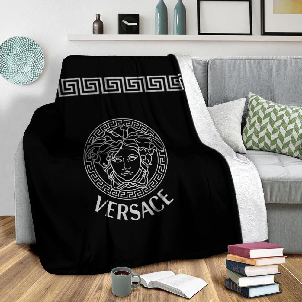 Versace black logo fashion luxury brand premium blanket fleece home decor 106 Blanket Fleece