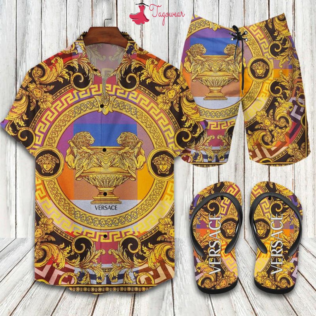 Versace flip flops and combo hawaiian shirt, beach shorts luxury summer clothes style #110 Hawaii Shirt Shorts & Flip Flops