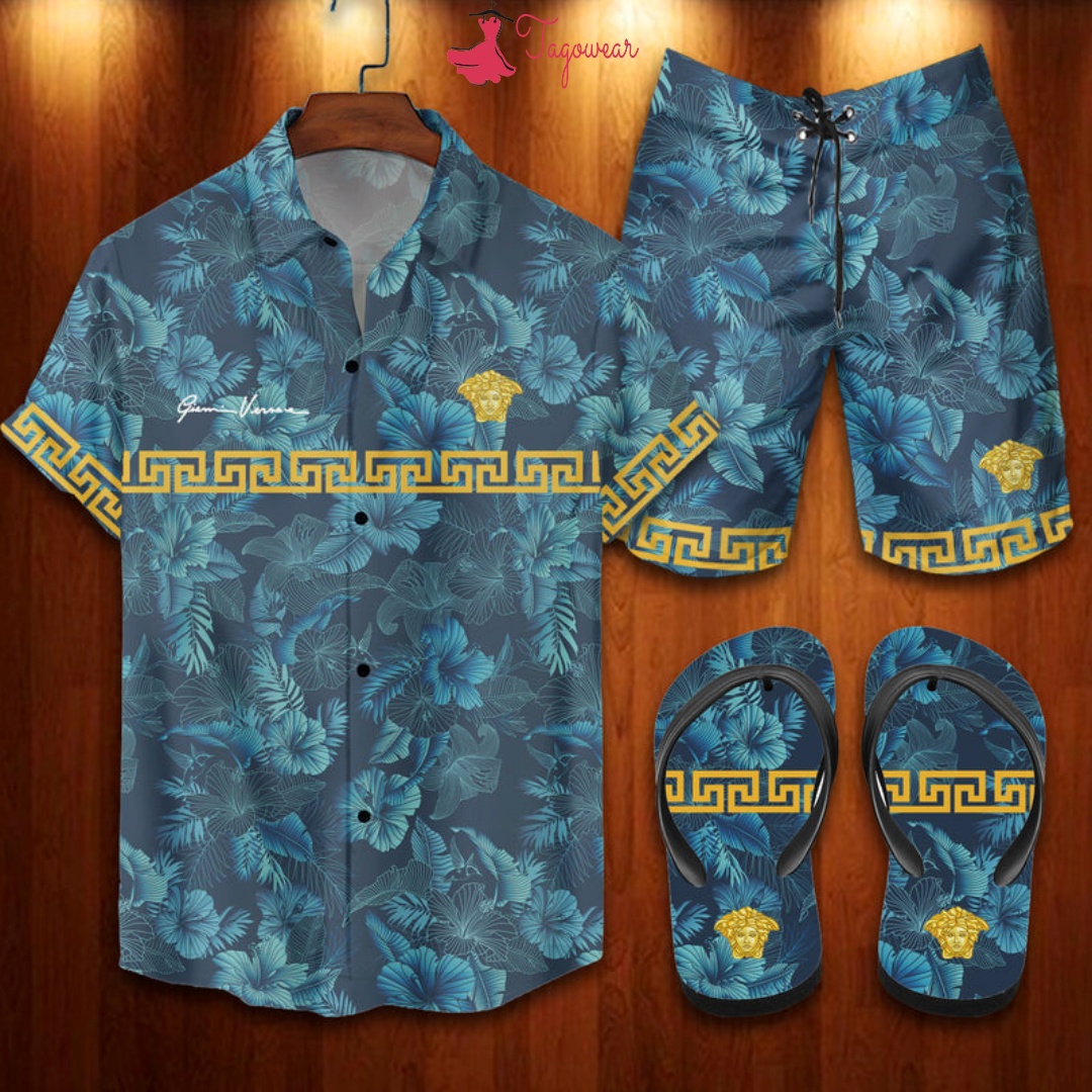 Versace flip flops and combo hawaiian shirt, beach shorts luxury summer clothes style #230 Hawaii Shirt Shorts & Flip Flops