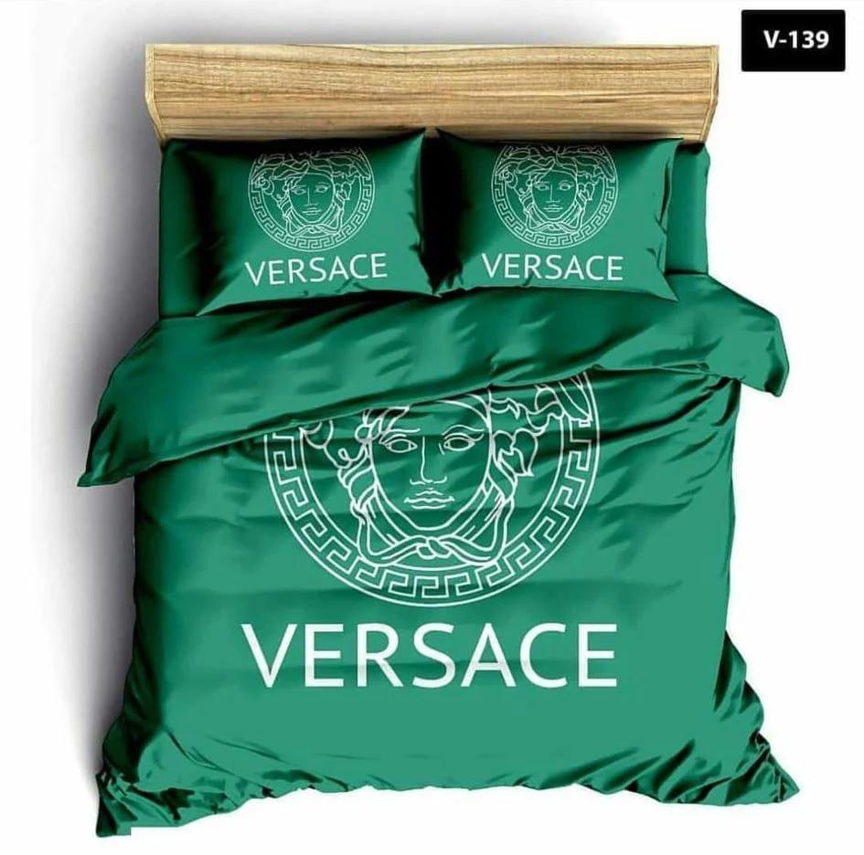Versace green fashion logo luxury brand premium bedding sets, bedroom decor , thanksgiving decorations for home Bedding Sets
