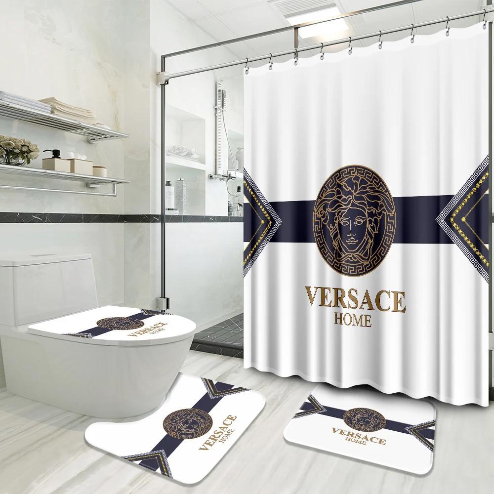 Versace logo type 1251 Bathroom Accessory Sets Luxury Fashion Brand Bathroom Sets Waterproof Shower Curtain Pedestal Rug Bath Mat Set Hypebeast Bathroom Home Decor Toilet Cover