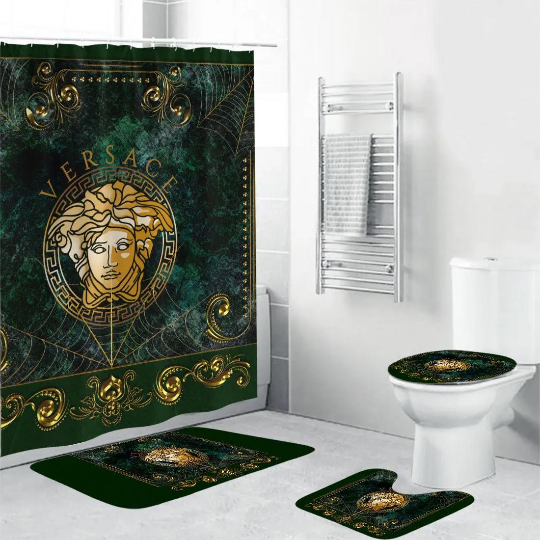 Versace medusa logo type 464 Bathroom Accessory Sets Pedestal Rug Waterproof Shower Curtain Luxury Fashion Brand Bathroom Sets Hypebeast Bathroom Home Decor Bath Mat Set Toilet Cover