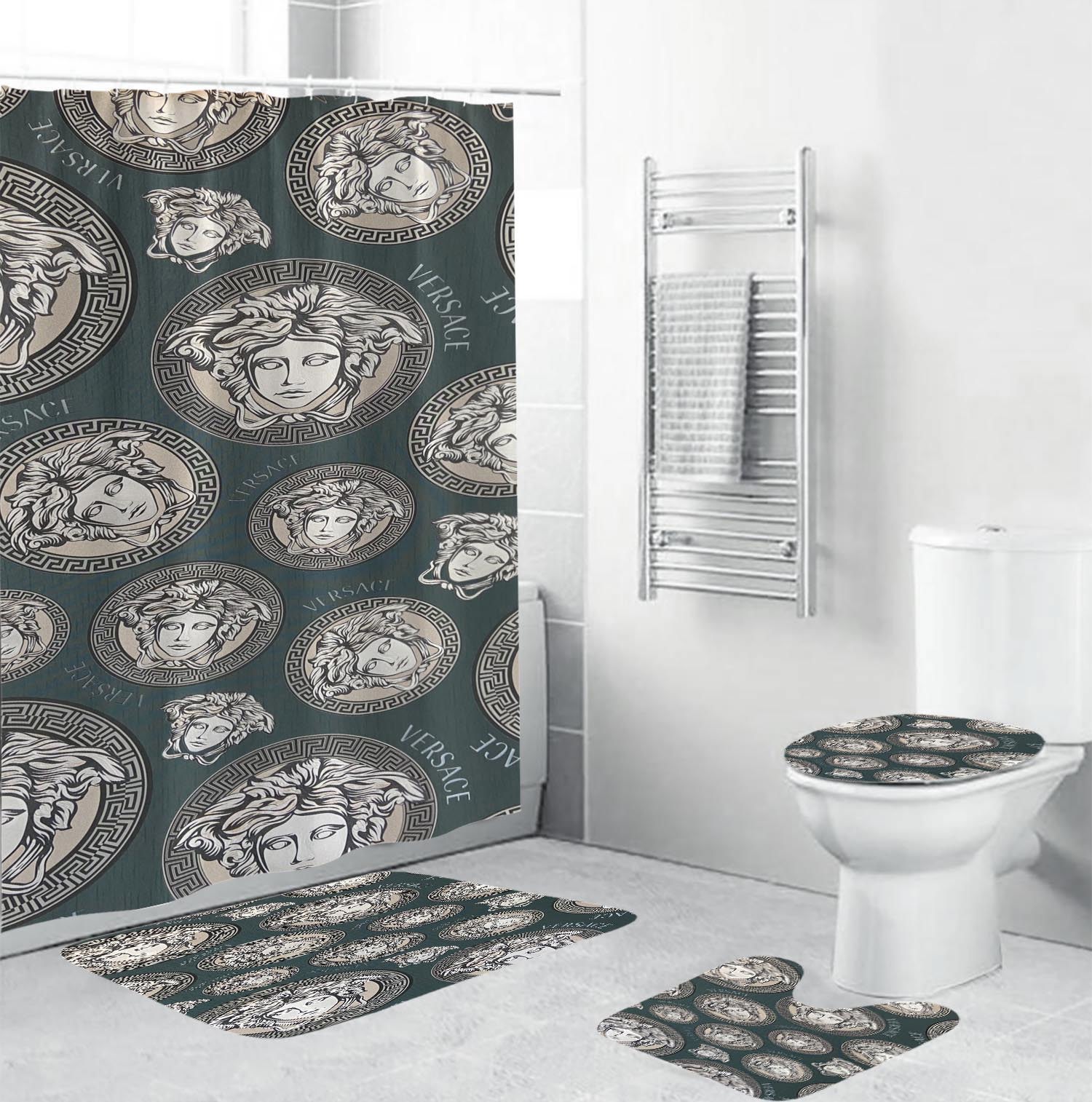 Versace silv erpattern in blue grey background luxury fashion brand hypebeast bath mat home decor bathroom sets Bathroom Set