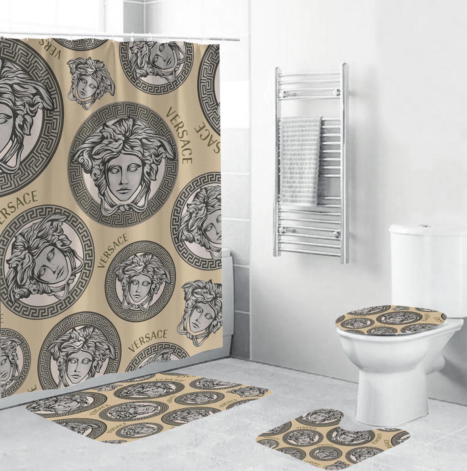 Versace silv erpattern in sand background hypebeast bath mat bathroom sets home decor luxury fashion brand Bathroom Set