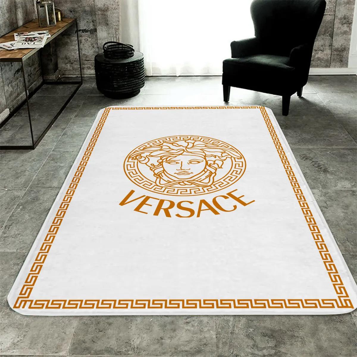 Versace white golden logo type 504. Upgrade Your Living Room with Luxury Home Decor: Area Carpets, Floor Decor, Door Mats, and Hot Gift Items with style a High-End Fashion Brand Rectangle Rug