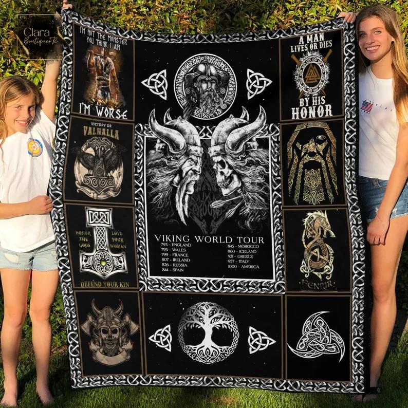 Viking world tour a man lives or die by his honor viking symbol fleece blanket, mink sherpa blanket, viking symbol blanket Quilt Blanket