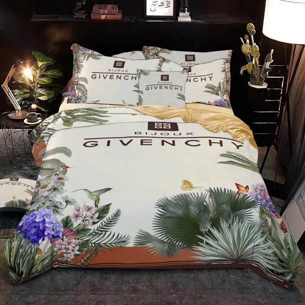 White flowers givenchy bedding sets luxury brand bed sets, bedroom sets, comforter sets, duvet cover, bedspread for home decor trending 2023 for home Bedding Sets