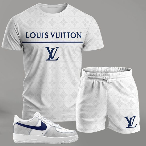 White minimalist streetwear set for men, logo-print t-shirt and shorts combo with blue-accent sneakers T-Shirt Short Sneakers Set