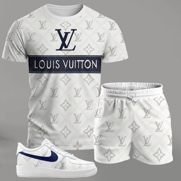 White monogram streetwear set for men, contrast stripe t-shirt and matching shorts with blue-accent sneakers T-Shirt Short Sneakers Set