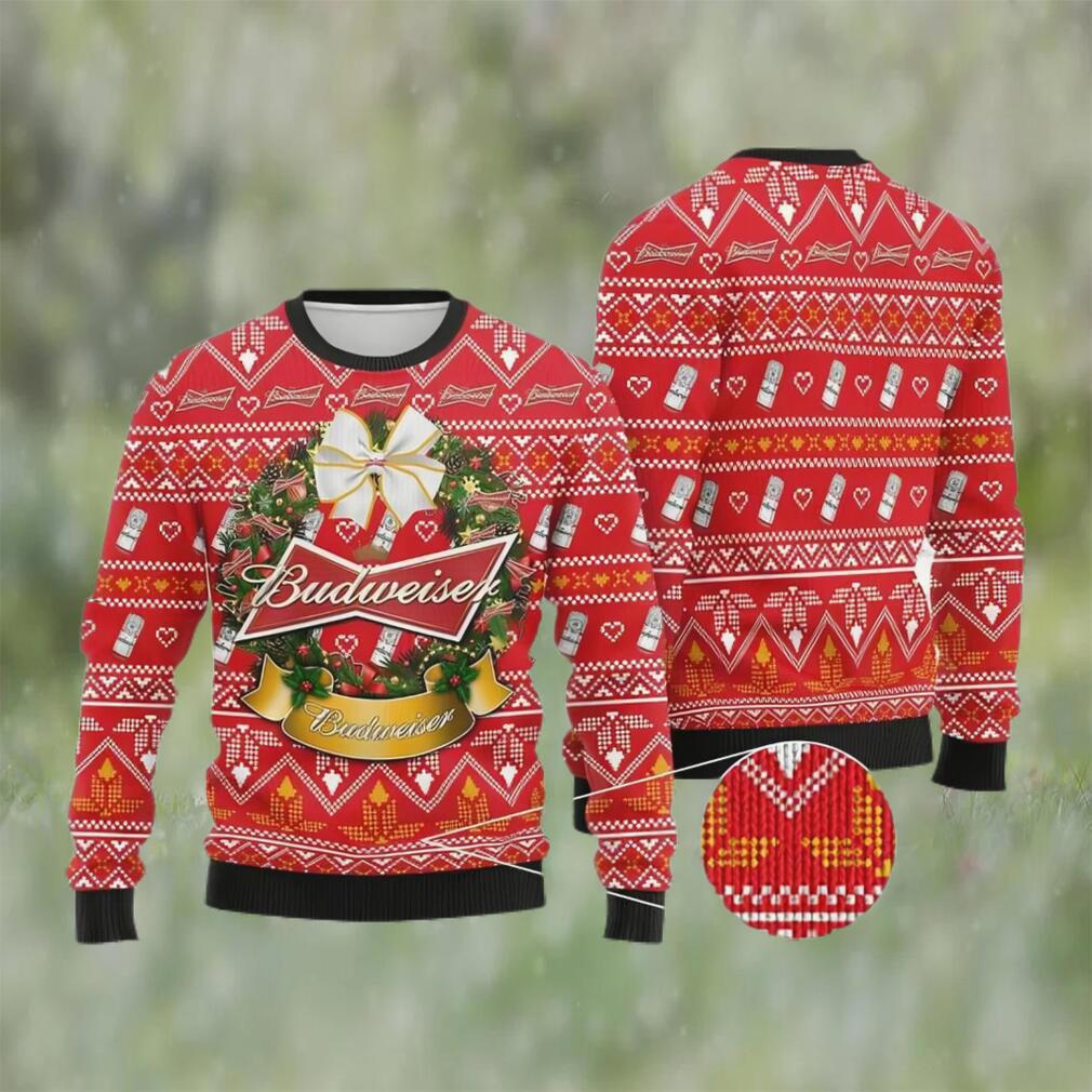 Wreath budweiser beer ugly christmas sweater, faux wool sweater, gifts for beer lovers, international beer day, best christmas gifts for 2022 ? prinvity Christmas Ugly Sweater