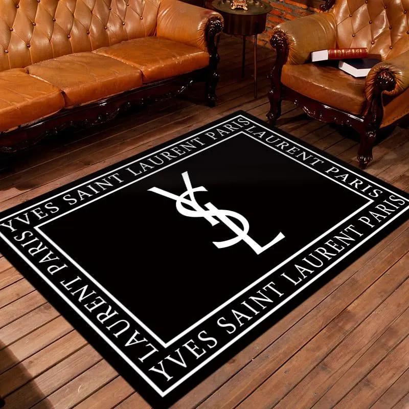 Yves saint laurent logo type 393. Upgrade Your Living Room with Luxury Home Decor: Area Carpets, Floor Decor, Door Mats, and Hot Gift Items with style a High-End Fashion Brand Rectangle Rug