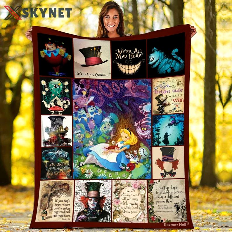 Alice in wonderland fleece blanket, alice cheshire blanket, alice in wonderland we're all mad here, christmas gifts, birthday gifts Quilt Blanket