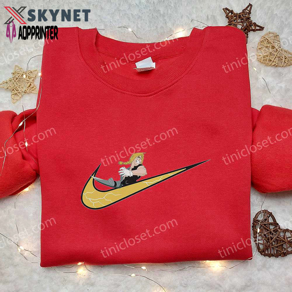 Anime embroidered hoodie: edward elric x nike swoosh fullmetal alchemist & nike inspired shirt Embroidered Shirt