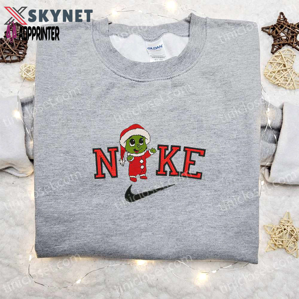 Baby grinch santa x nike embroidered sweatshirt – festive movie christmas shirt perfect gift idea Embroidered Shirt