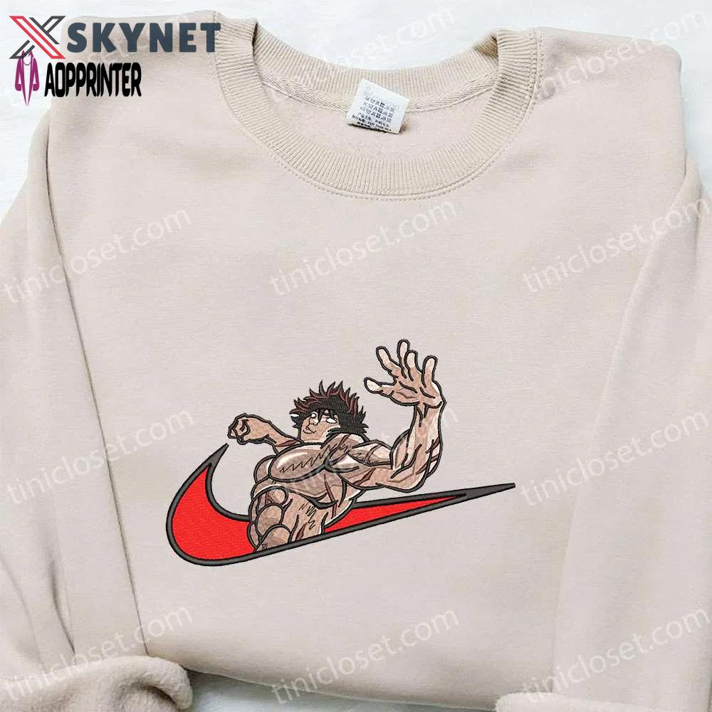 Baki hanma x nike swoosh anime embroidered shirt: best nike inspired gift for family Embroidered Shirt