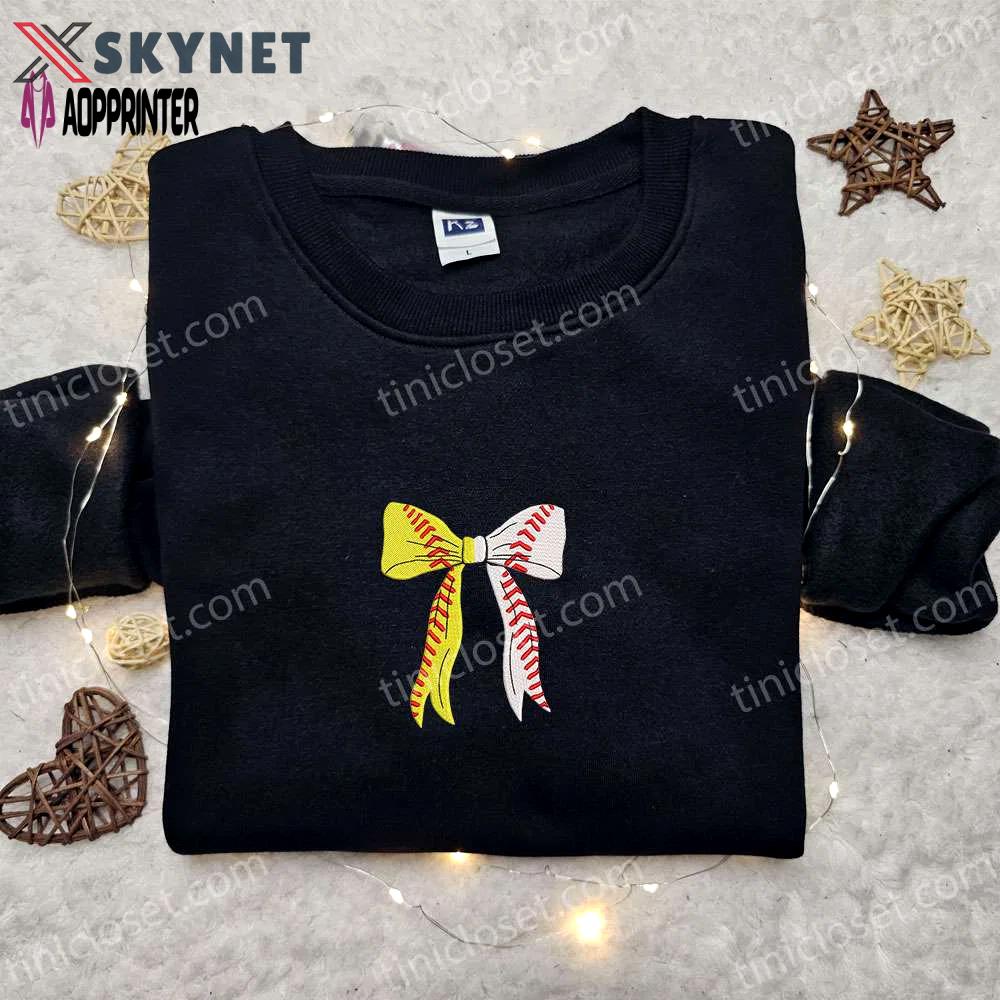 Baseball coquette bow embroidered shirt & sports hoodie: perfect gift idea Embroidered Shirt