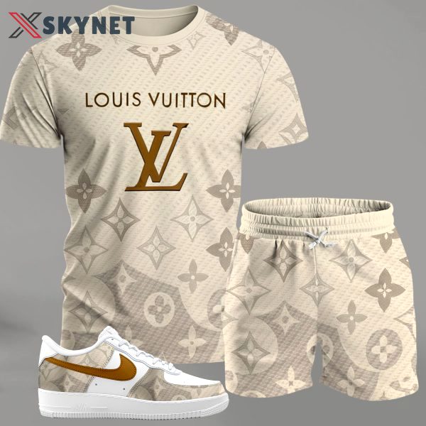 Beige monogram streetwear set for men, gradient pattern t-shirt and matching shorts with gold-accent sneakers T-Shirt Short Sneakers Set
