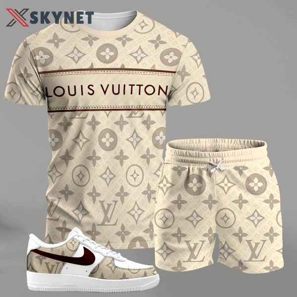 Beige monogram streetwear set for men, stripe-logo t-shirt and matching shorts with red-accent sneakers T-Shirt Short Sneakers Set