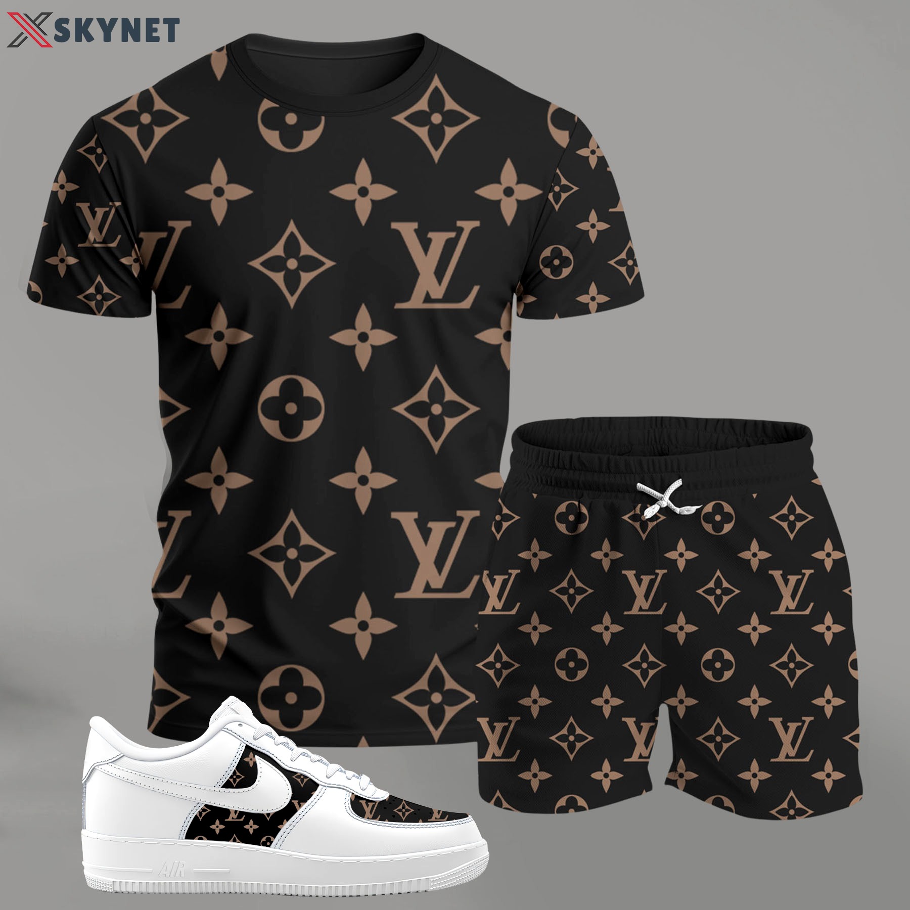 Black and brown monogram set for men, bold pattern streetwear t-shirt and shorts combo with matching sneakers T-Shirt Short Sneakers Set