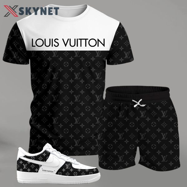 Black and white contrast streetwear set for men, split design t-shirt and monogram shorts with matching sneakers T-Shirt Short Sneakers Set