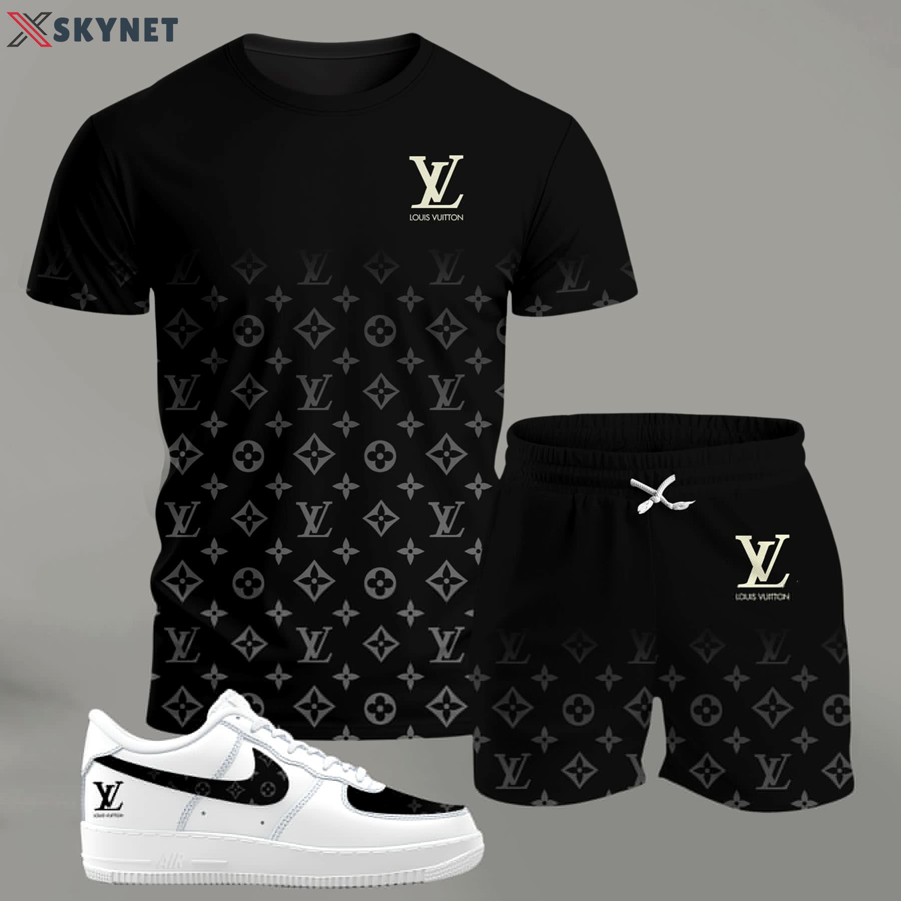 Black gradient monogram set for men, minimal luxury t-shirt and shorts combo with clean contrast sneakers T-Shirt Short Sneakers Set