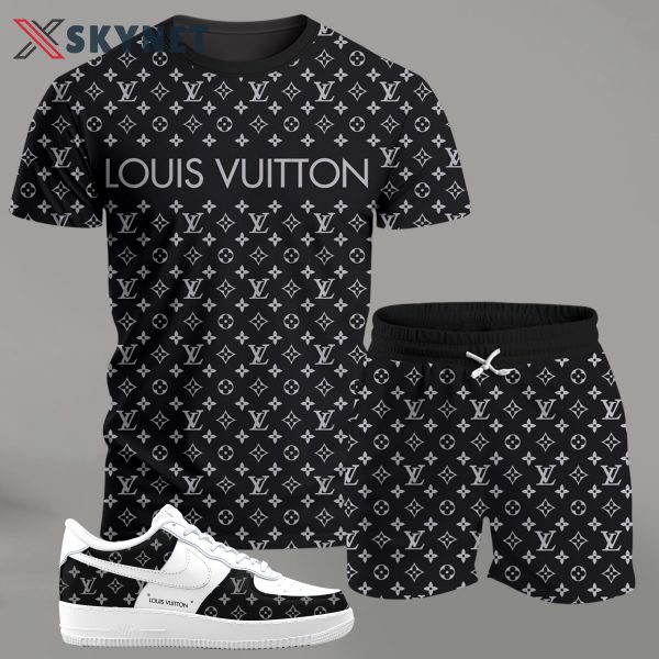 Black monogram streetwear set for men, all-over pattern t-shirt and shorts combo with white sneakers T-Shirt Short Sneakers Set