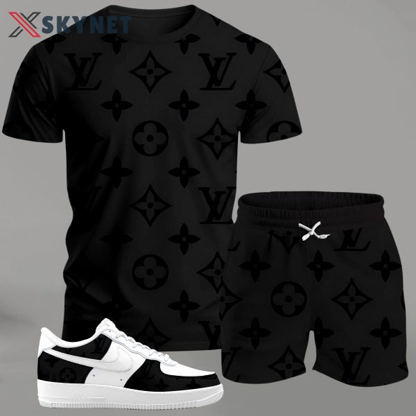 Black monogram streetwear set for men, minimalist all-over pattern t-shirt and shorts combo with white sneakers T-Shirt Short Sneakers Set