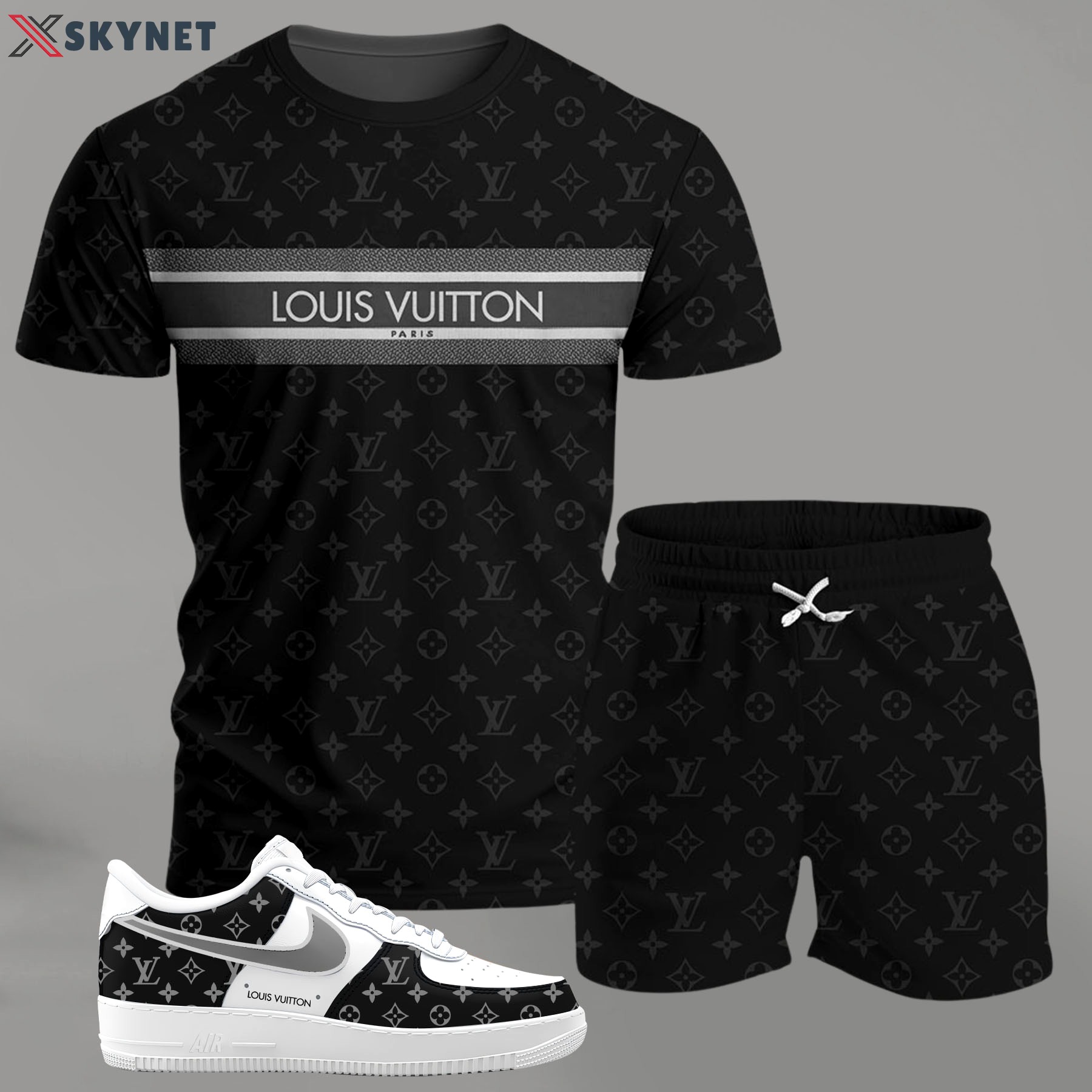 Black monogram stripe set for men, minimal patterned t-shirt and shorts combo with clean contrast sneakers T-Shirt Short Sneakers Set