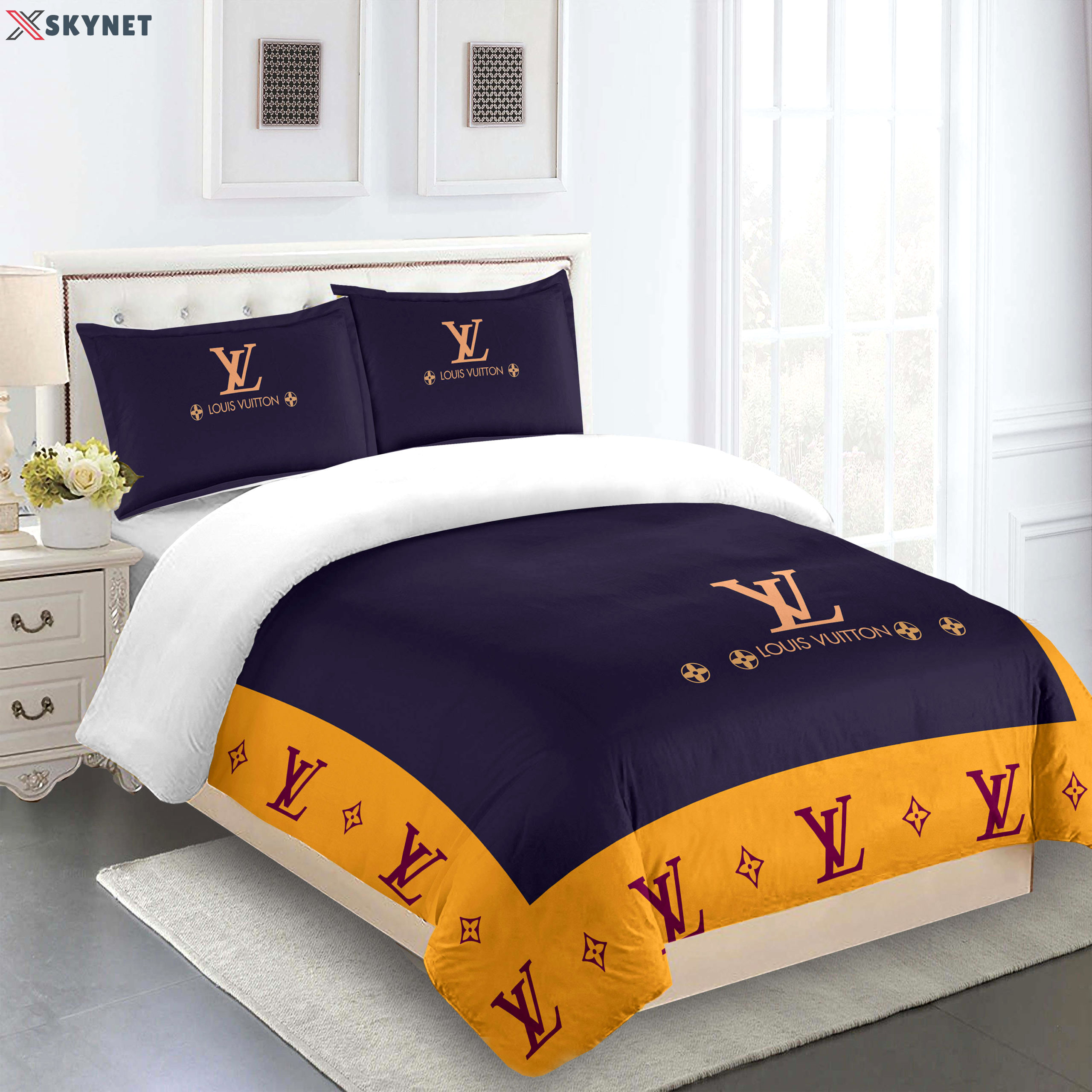 Blue and yellow louis vuitton logo type 2257 Bedding Sets covers bed linen sheets blankets luxury ideas home decor duvet hyperbeast Bedroom bedspread bedclothes premium fashion brand