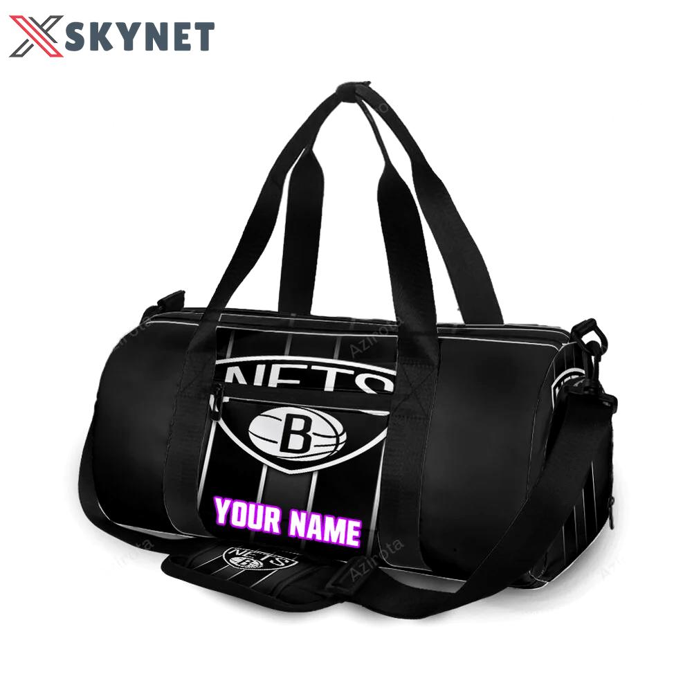 Brooklyn nets ball black white stripped personalized name travel bag gym bag 1434 Travel Bag