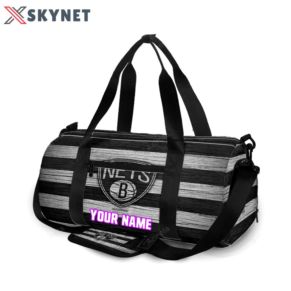 Brooklyn nets ball black white wood personalized name travel bag gym bag 524 Travel Bag
