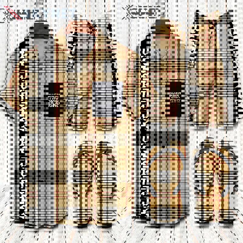 Burberry flip flops and combo hawaii shirt shorts luxury brand summer outfit Hawaii Shirt Shorts & Flip Flops