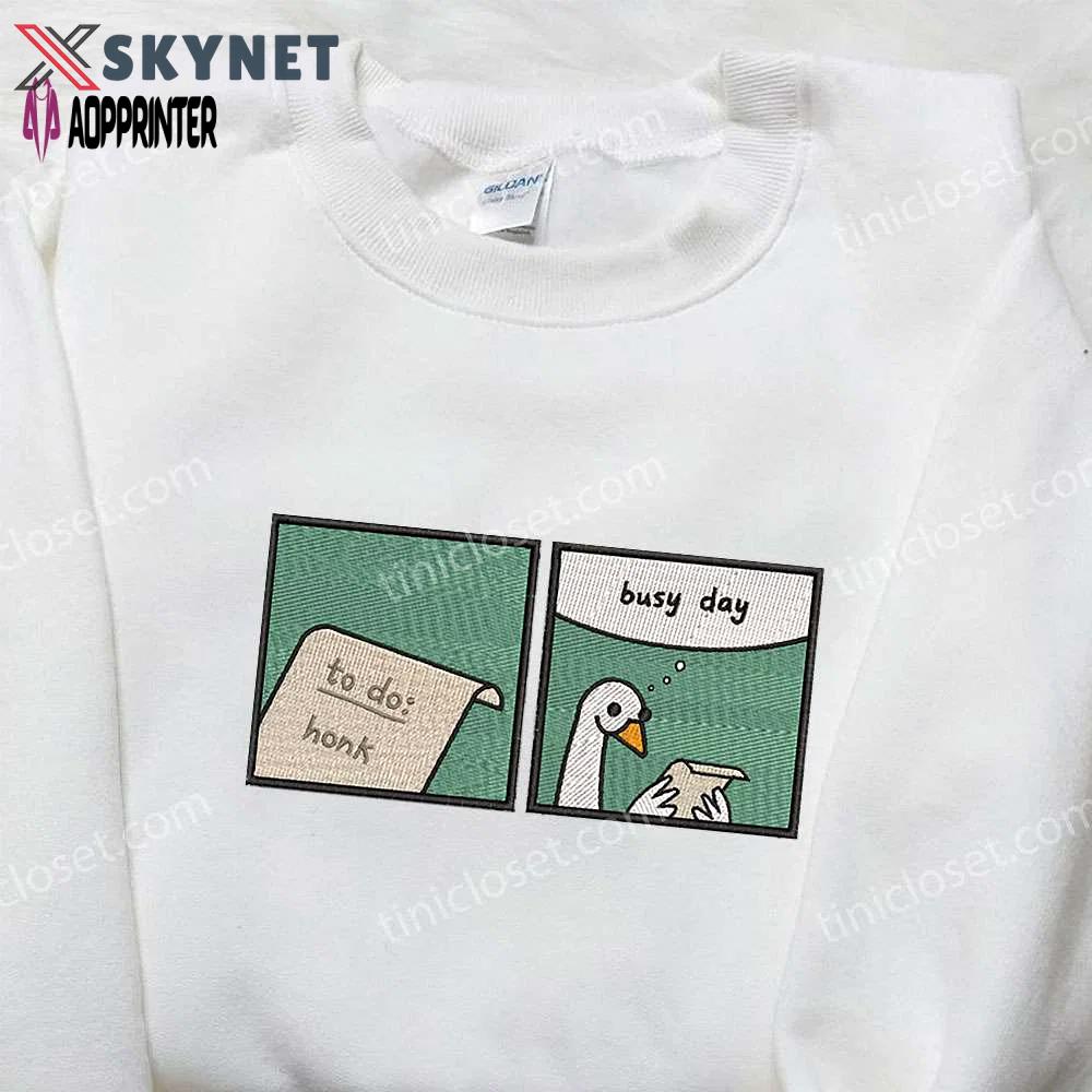 Busy day to hunk: animal & funny embroidered shirt – silly goose design Embroidered Shirt