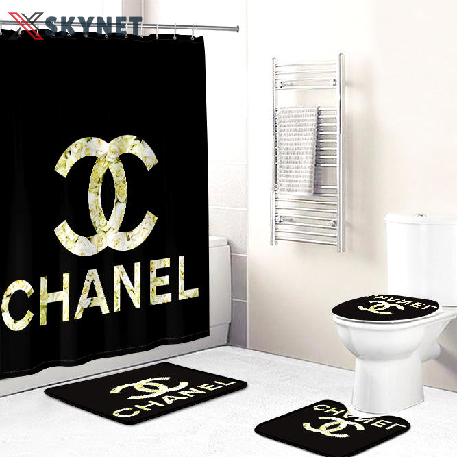 Chanel black logo type 1640 Bathroom Accessory Sets Home Decor Luxury Fashion Brand Toilet Cover Hypebeast Bathroom Bathroom Sets Pedestal Rug Bath Mat Set Waterproof Shower Curtain