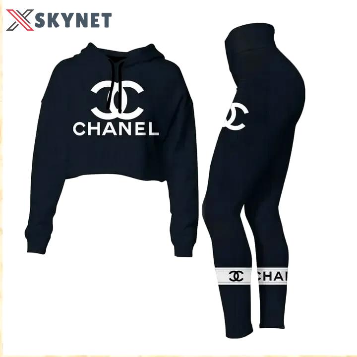 Chanel black luxury brand clothes leggings and crop top set for women Croptop Hoodie Legging Set
