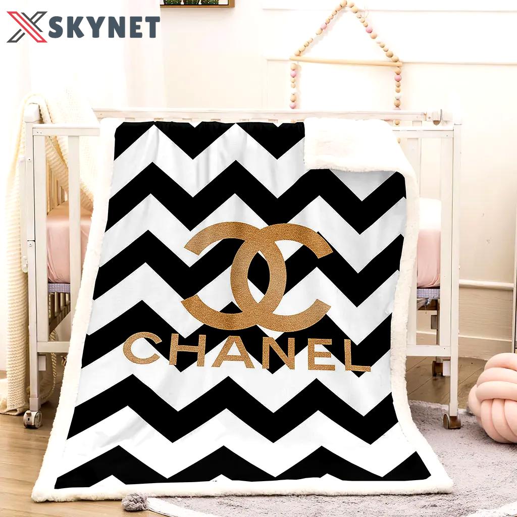 Chanel golden logo black white ziczac luxury brand premium blanket fleece home decor 9 Blanket Fleece