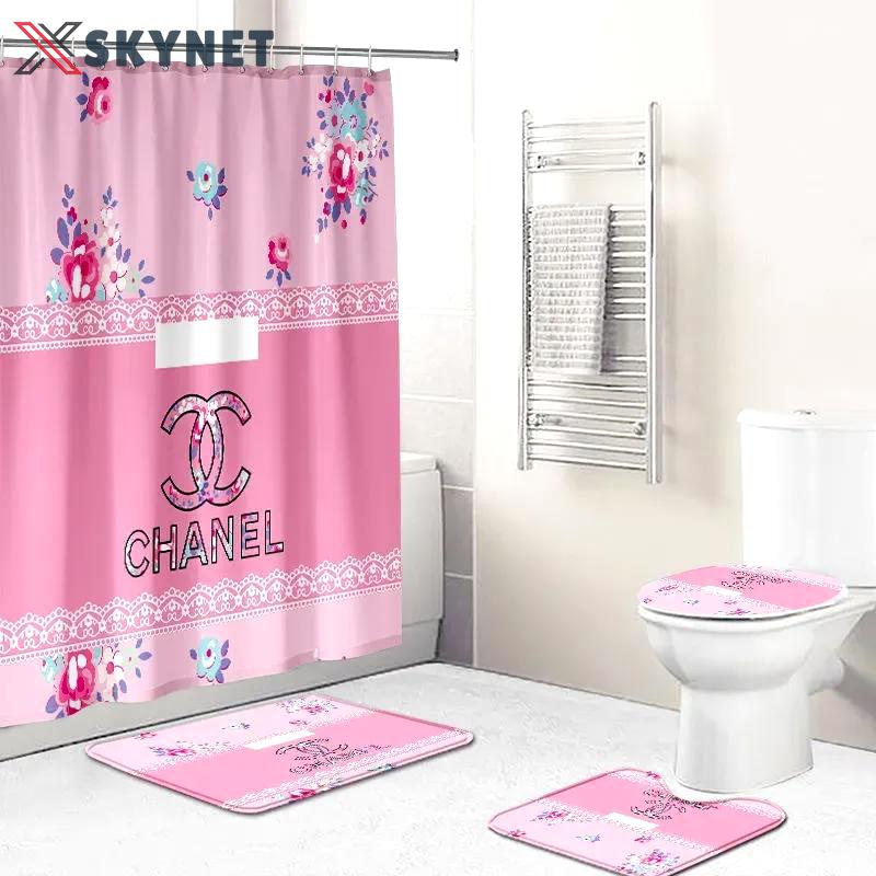 Chanel pink and flowers luxury fashion brand hypebeast bathroom sets home decor bath mat Bathroom Set