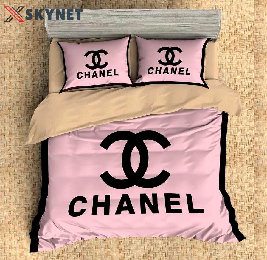 Chanel pink fashion logo luxury brand bedding sets, bedroom decor , thanksgiving decorations for home Bedding Sets