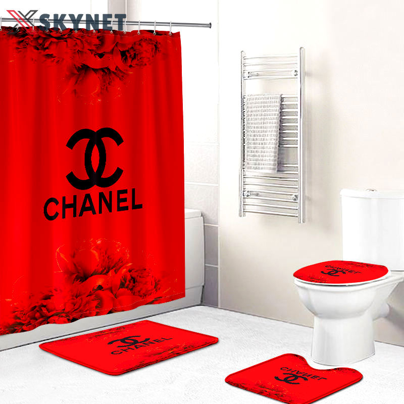 Chanel shower curtain red black logo stripe luxury bath mat sets shower curtain 72 Bathroom Set