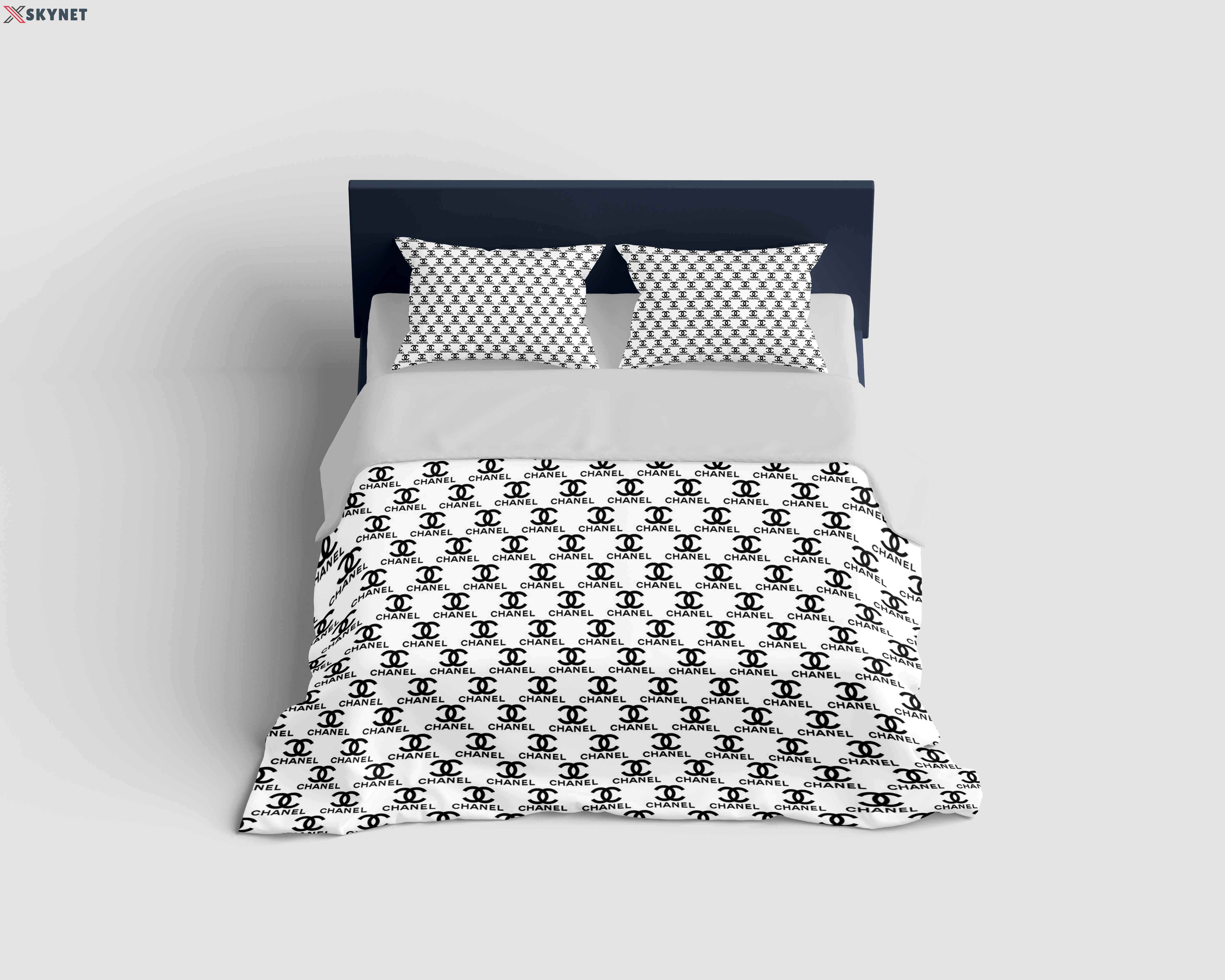 Chanel white black logo type 182 Bedding Sets premium fashion brand home decor luxury ideas bedclothes covers sheets blankets bedspread duvet bed linen hyperbeast Bedroom