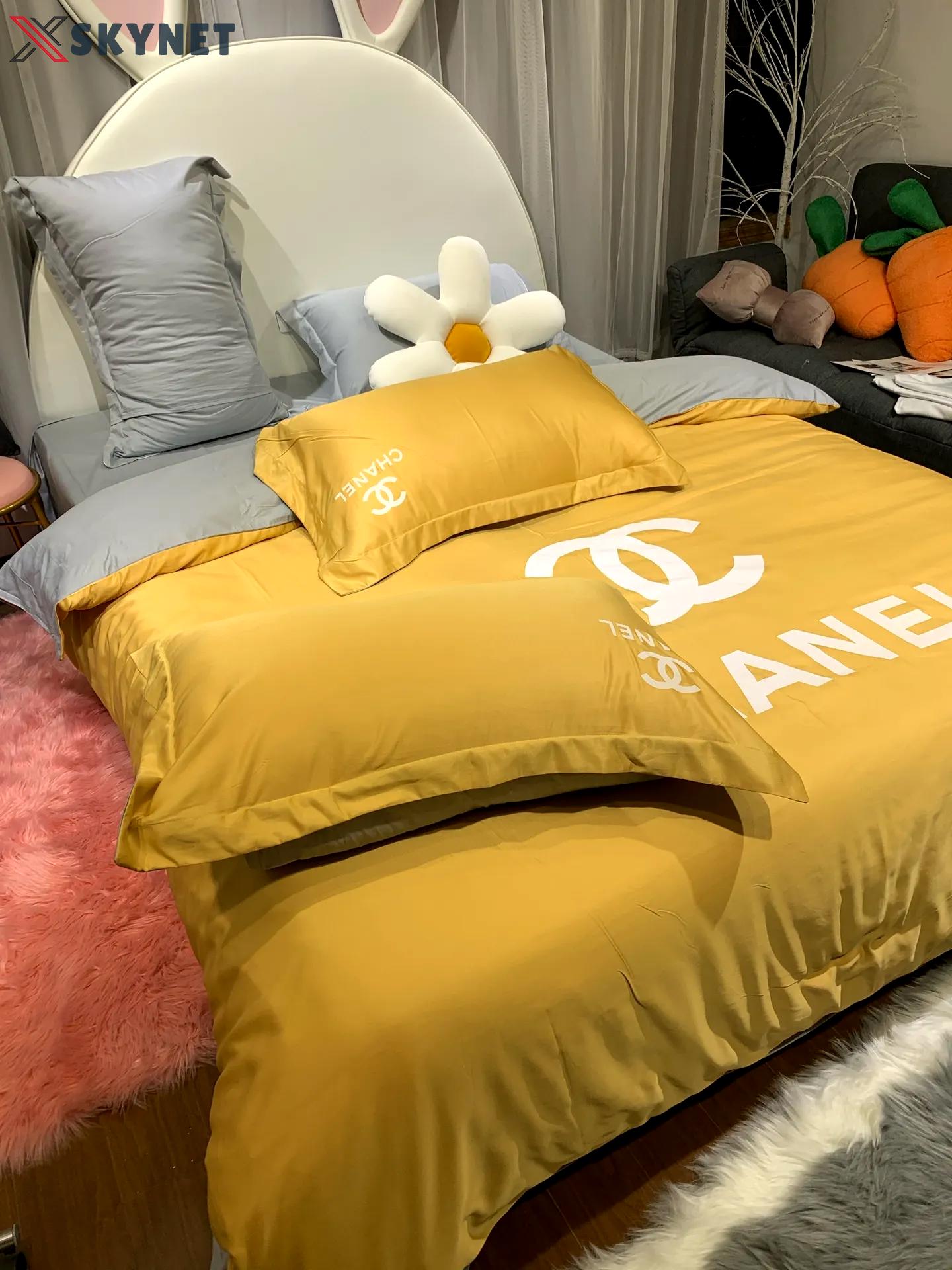 Chanel yellow bedding 3d printed bedding sets quilt sets duvet cover luxury brand bedding decor bedroom sets best luxury bed sets gift thankgivings and christmas Bedding Sets