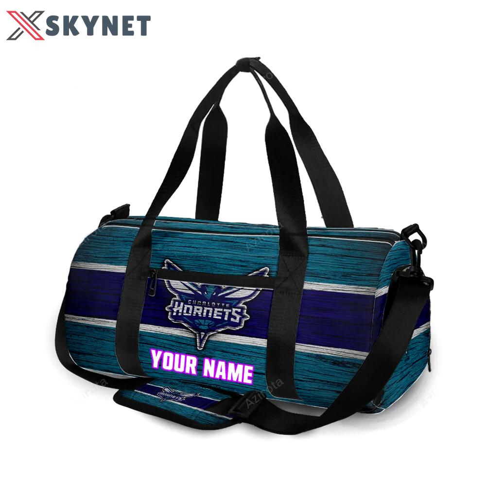 Charlotte hornets navy blue wood personalized name travel bag gym bag 867 Travel Bag