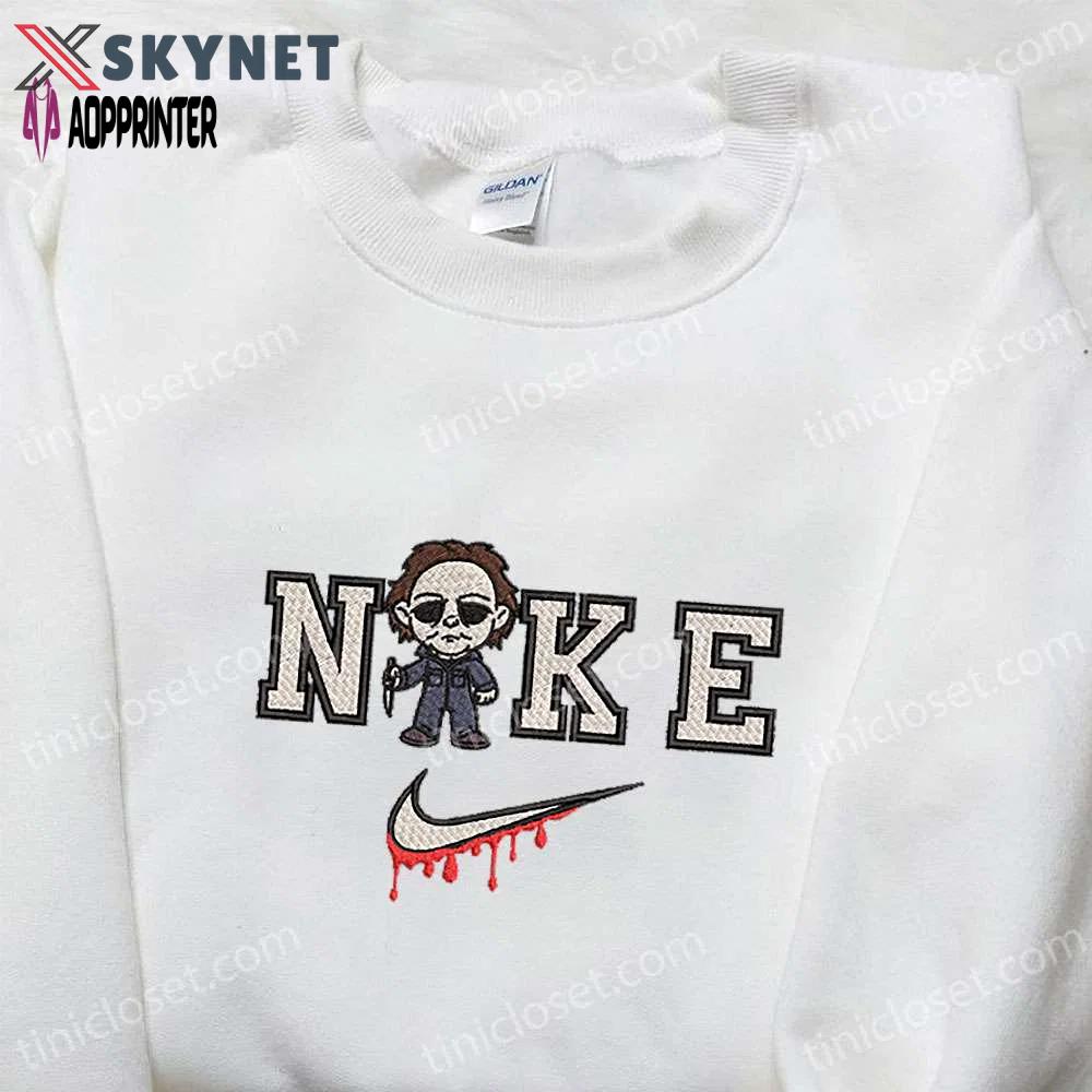 Chibi michael myers x nike embroidered tshirt: best nike inspired halloween gift Embroidered Shirt