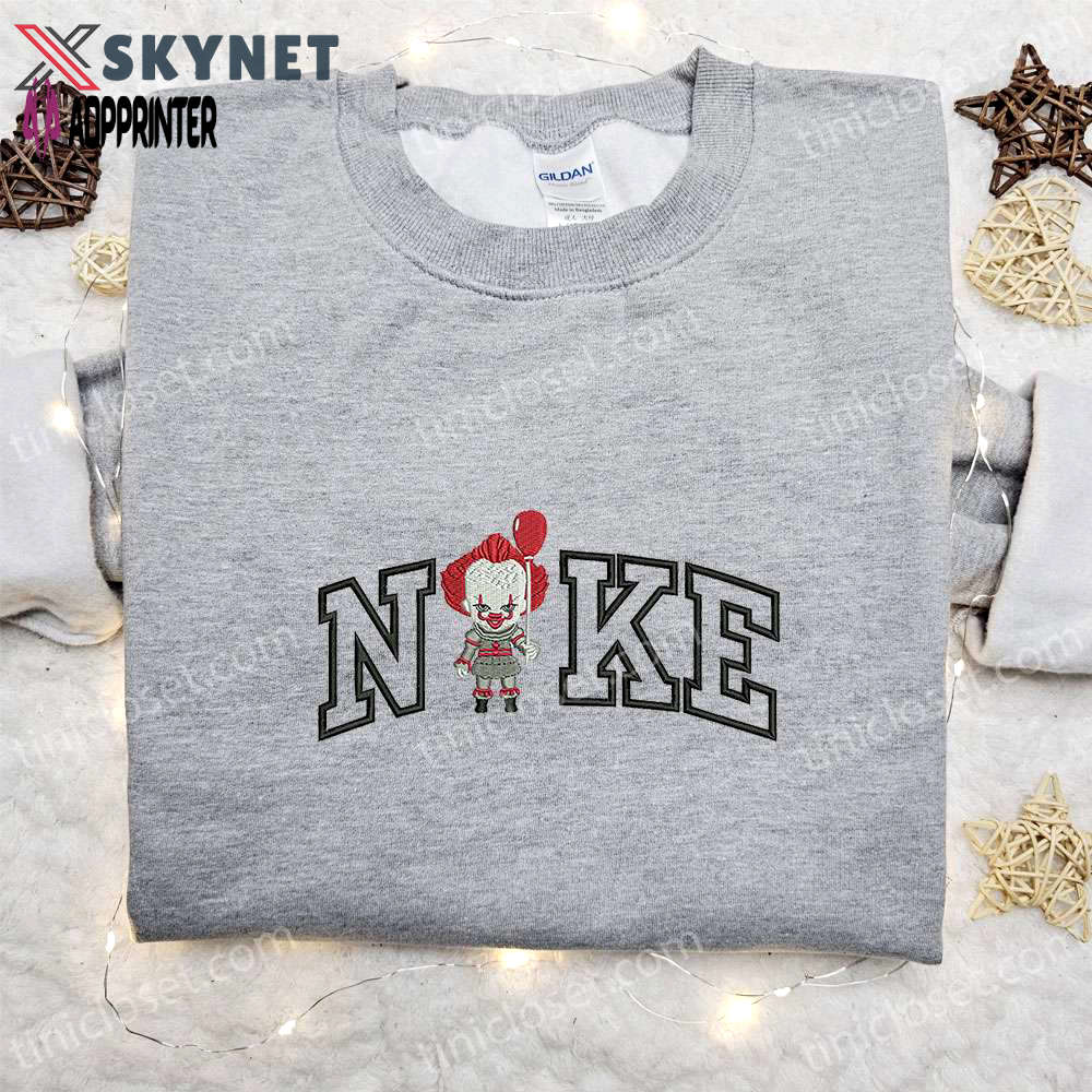 Chibi pennywise x nike embroidered hoodie & shirt: best halloween gift ideas Embroidered Shirt