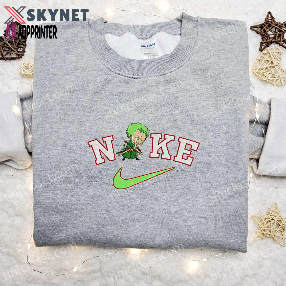 Chibi roronoa zoro x nike anime embroidered sweatshirt: one piece & nike inspired hoodie Embroidered Shirt
