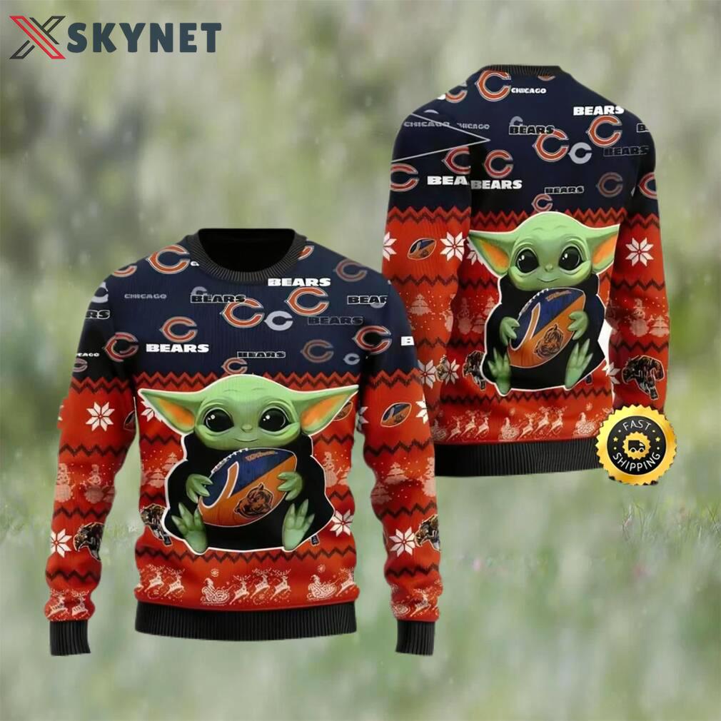 Chicago bears baby yoda ugly christmas sweater, faux wool sweater, national football league, gifts for fans football nfl, football 3d ugly sweater ? prinvity Christmas Ugly Sweater
